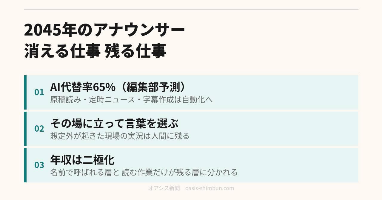 AI時代 2045年の仕事内容「アナウンサー」編――原稿を読む仕事は消えても 現場で言葉を選ぶ仕事は消えない