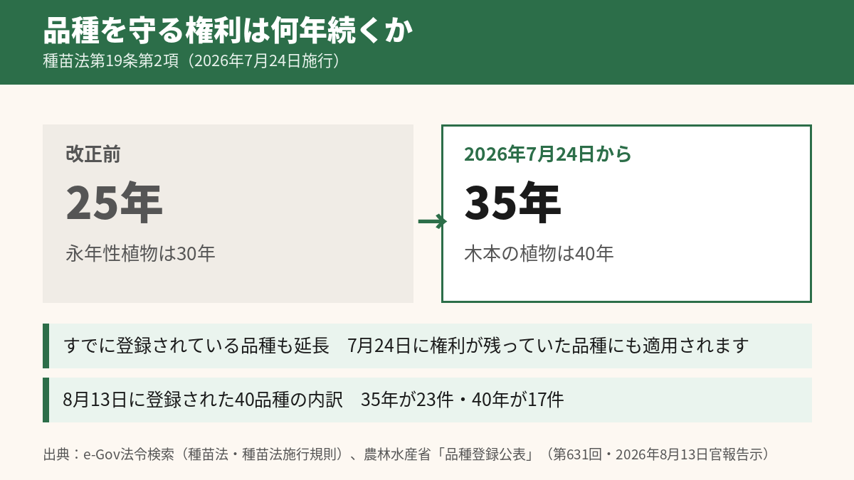 育成者権の存続期間は25年から35年へ。木本の植物は40年